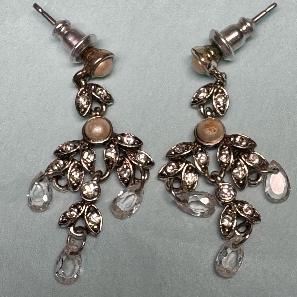 Signed Monet Faux Pearl Crystal Chandelier Earrings Silver Tone Elegant Vintage